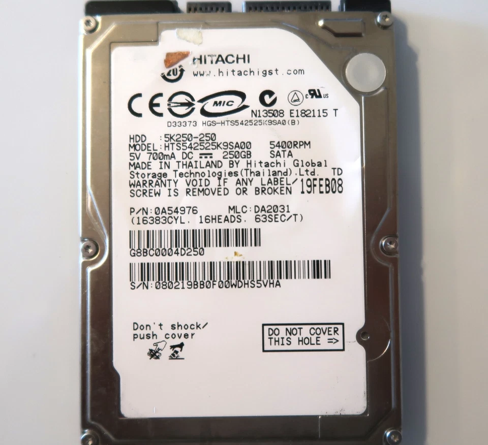 Hitachi HTS542525K9SA00 0A54976 DA2031 (0802) Thailand 250gb 2.5" Sata 19FEB08 - Image 1 of 1