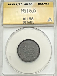 1835 USA 1/2 Cent ANACS AU58 Classic Head Half Cent 1/2C USA Almost Uncirculated - Picture 1 of 2