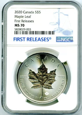 2020 $5 CANADA 1 OZ SILVER MAPLE LEAF NGC MS70 RARE FIRST RELEASES BLUE LABEL - Image 1 of 2