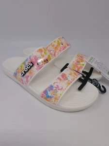 Crocs Classic Tie Dye Slide Sandals Men's 9 Women's 11 White Multi-Color & Charm - Picture 1 of 7