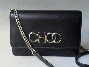Jimmy Choo Black Leather Crossbody Bag Silver Chain Choo Logo Buckle Kalina - Picture 1 of 9