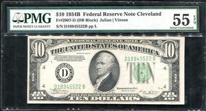 FR. 2007-D 1934-B $10 TEN DOLLARS FRN FEDERAL RESERVE NOTE PMG AU-55EPQ - Picture 1 of 2