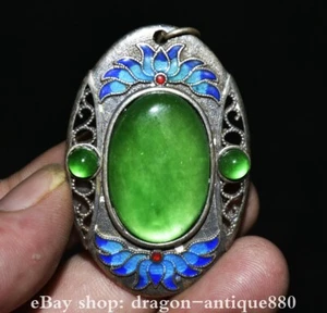 2.2" Old Chinese silver inlay Green gemstone Paintings Palace Amulet Pendant - Picture 1 of 5