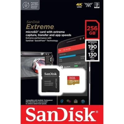 NEW | 256GB SanDisk Extreme PRO microSD 190MB/s A2 U3 4K Memory Card + Adapter - Image 1 of 4