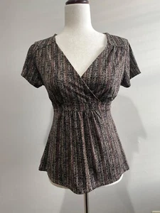 Attention Babydoll Top Womens XS Brown Print V-Neck - Picture 1 of 7