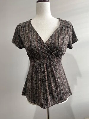 Attention  Babydoll Top Womens XS Brown Print V-Neck - Image 1 of 4