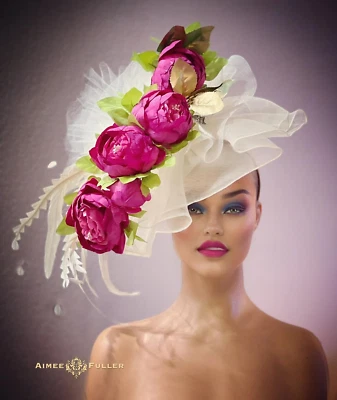 Royal Ascot Fascinator Kentucky Derby Hat Fuchsia Pink Hat, White Hot Pink Hat - Image 1 of 4