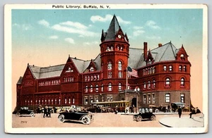 Postcard Public Library Buffalo New York Antique Cars and Bus - Picture 1 of 2
