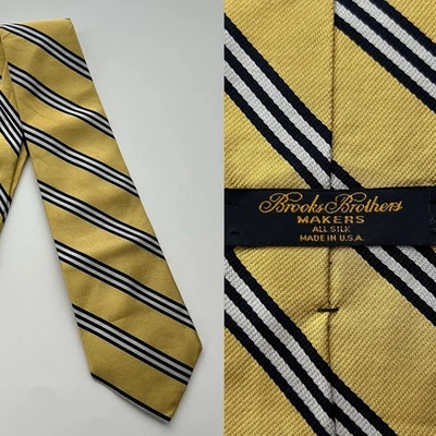 Corbata Brooks Brothers Makers Repp Cuello Toda Seda EE. UU. Dorado Negro Plata Rayas De Colección Foto 1 de 4