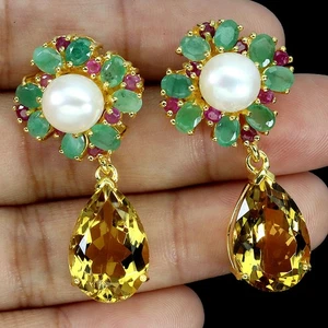 925 Sterling Silver Earrings Pear Citrine 14x10mm Emerald Pearl Ruby Gemstone - Picture 1 of 13