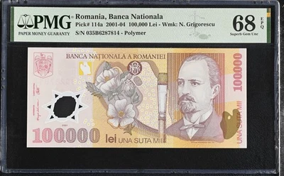 Romania 100000 Lei 2003 P 114 a Polymer Superb Gem UNC PMG 68 EPQ - Image 1 of 3