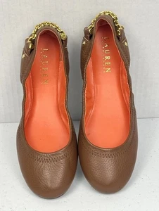 Lauren Ralph Lauren Women’s Leather Ballet Flats Gold Chain Barb Brown Size 6.5B - Picture 1 of 13