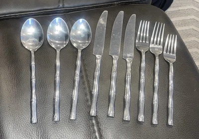 Cubiertos de acero inoxidable Hampton Silversmiths patrón de bambú 3 cuchillos, 3 cucharas 3 tenedores Foto 1 de 4
