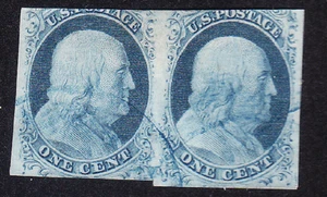 US Scott 7 old 1c Franklin imperf Type II pair U/F blue cancel CV $390 - Picture 1 of 1