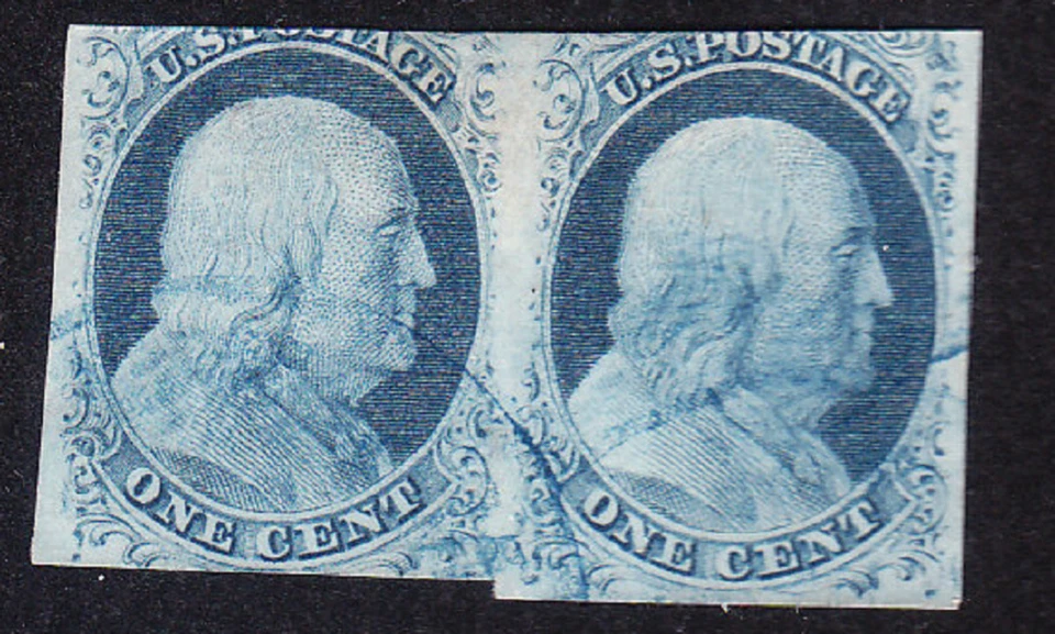 US Scott 7 old 1c Franklin imperf Type II pair U/F blue cancel CV $390 - Image 1 of 1