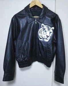 Vintage 1980s Michael Hoban Black Leather Jacket Tiger Graphic USA Made Size M - Picture 1 of 8