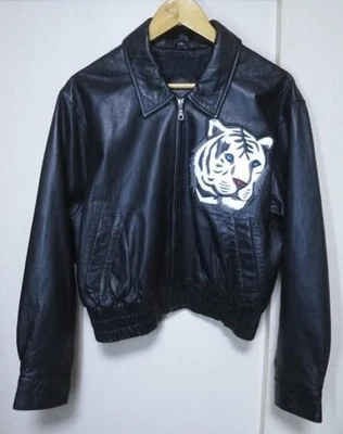 Vintage 1980s Michael Hoban Black Leather Jacket Tiger Graphic USA Made Size M - Image 1 of 4