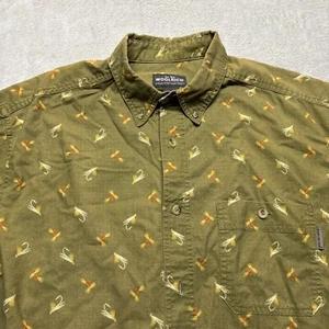 Vintage Woolrich Fly Fishing Pattern Camp Shirt Mens L Outdoors Green Fish Hooks - Picture 1 of 6