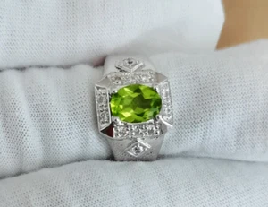 Natural Oval Cut 2.5 Carat Green Peridot Sterling Silver 925 Handmade Mens Ring - Picture 1 of 5