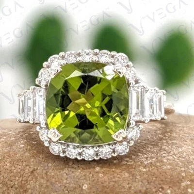 5.30Ct Cushion Cut Natural Peridot & Diamond Wedding Ring 18K White Gold Plated - Image 1 of 4