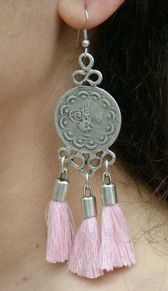 ORECCHINI PENDENTI ZAMAK ARGENTO TIBETANO NAPPINE ROSA BOHO VINTAGE DARK 1L - Immagine 1 di 3