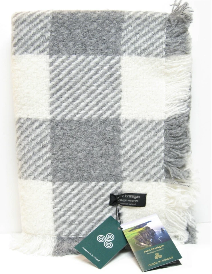 John Branigan Ireland Wool Blend Throw Blanket Buffalo Check Grey Ivory - NEW - Image 1 of 1