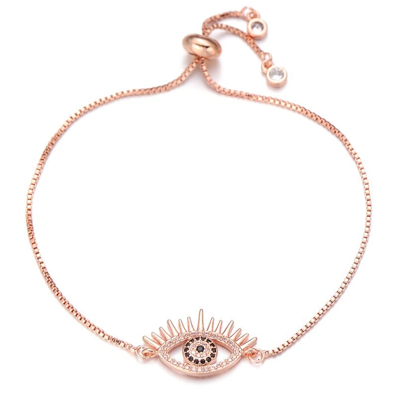 Evil Eye Rose Gold Plated Blue Round Cubic Zirconia Thin Adjustable Bracelet - Image 1 of 4