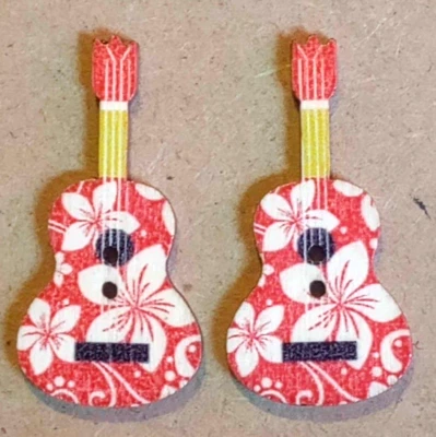 2 Red/White Floral Guitar Crafting Buttons Sewing Wood 1  3/8 inch  - Image 1 of 2