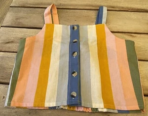 Handmade Rainbow Stripe Linen Cotton Shirred Tank Sleeveless Cropped Shirt Top 8 - Picture 1 of 11