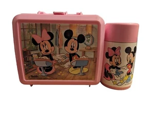 Vintage Mickey And Minnie Mouse Pink Lunchbox And Thermos By Aladdin - Picture 1 of 8
