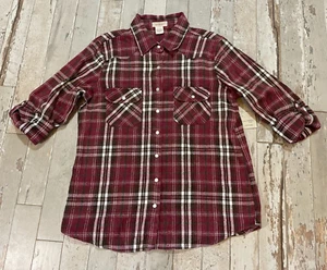 NWT Passport Western Shirt Pearl-Snap Womens L Flannel Red Plaid Roll-Tab Sleeve - Picture 1 of 11