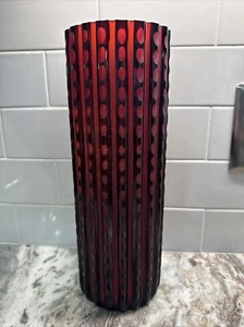 Vaso in vetro pesante smerlato/canne, alto 12", colorazione rosso e nero, PO-VG++ - Foto 1 di 5