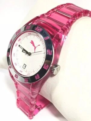 Reloj Puma Inyección Rosa Translúcido Plata Acero Bisel Cara Blanca Pu9106620  Foto 1 de 4