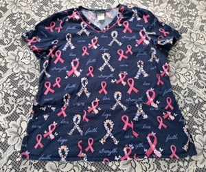 Cherokee Peeling Top Gr. XL 3 Taschen blau & rosa Blumen Brustkrebs Bewusstsein - Bild 1 von 5