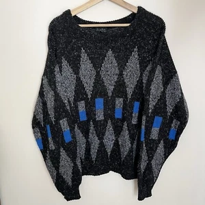 Vintage Men’s XL New Wave Sweater Black Geometric Pullover Retro Dad Grandpa 80s - Picture 1 of 4