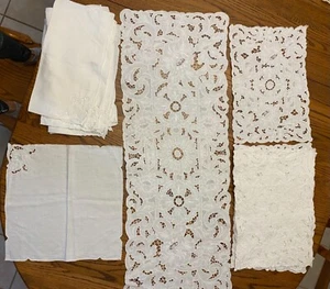 Vtg White Reticella Open Cutwork Embroidered Floral Runner Place Mats & Napkins - Picture 1 of 12