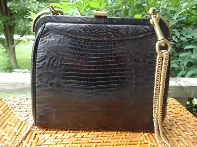 Bolso de Mano Clásico de Colección Negro Imitación Latón Caimán Cadena Años 50 Bolso de Hombro MOD Foto 1 de 4