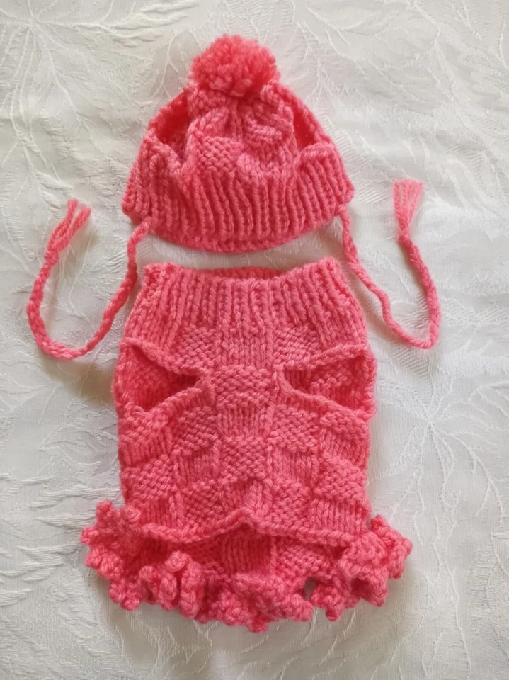 XXS handmade knit coral dog Sweater dress & Hat Set - Image 1 of 1