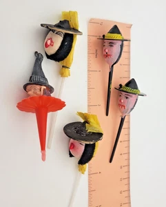 5 Vintage 50s-60s Witch Head Cake Cupcake Mixed Picks Toppers Hong Kong preowned - Picture 1 of 12