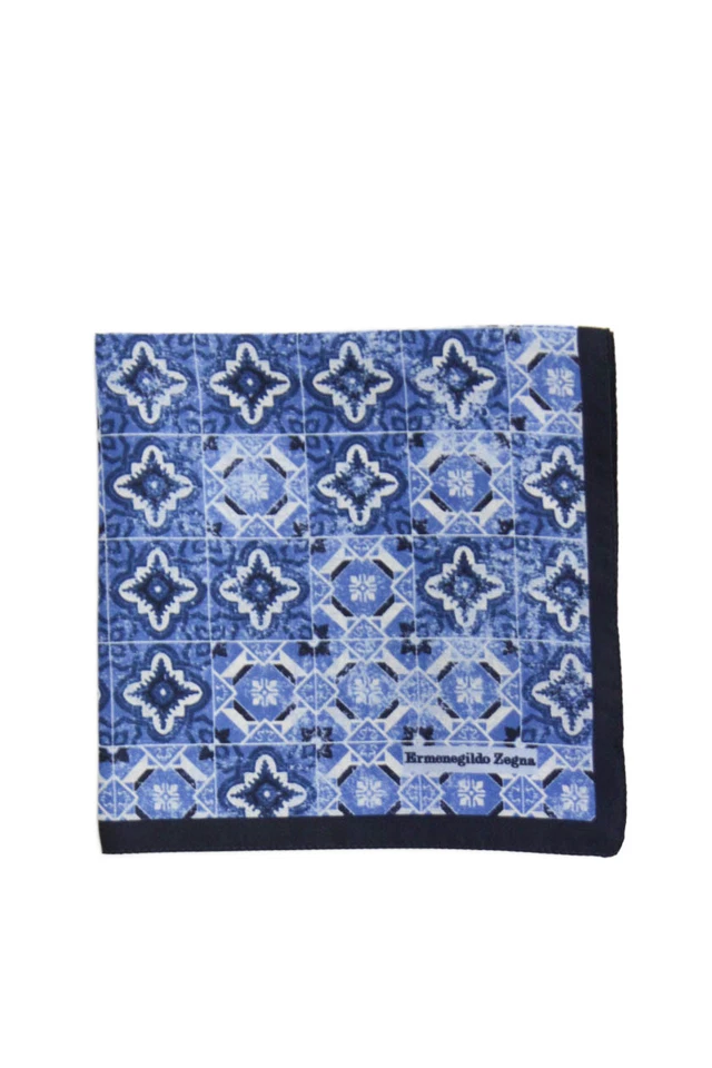 Ermenegildo Zegna Mens Silk Geometric Print Pocket Square Blue Size 12X12" - Image 1 of 4