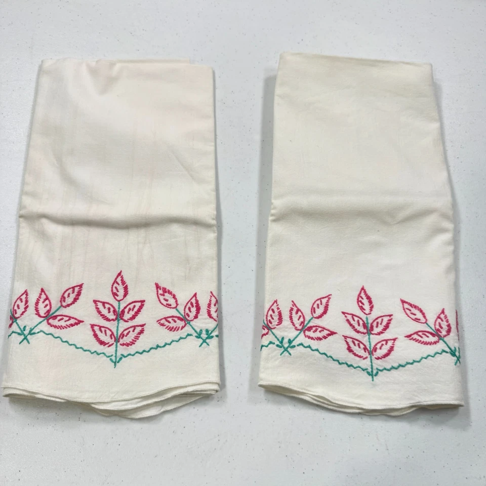 vintage pillowcase standard pair floral leaves embroidered mcm retro - Image 1 of 4