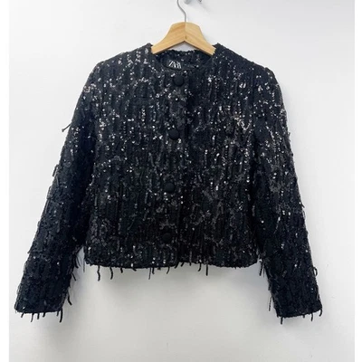Zara Womens Sequin Jacket Blazer XS Black Fringed Textured New - Image 1 of 4