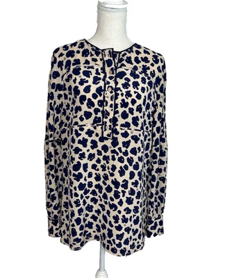 Tory Burch Blue Beige Leopard Print Robin Silk Tunic Blouse Medium Long Sleeves - Image 1 of 4