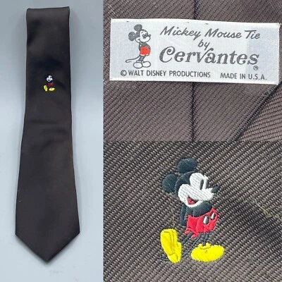 Vtg Mickey Mouse Tie Solid Brown Logo 100% Poly Walt Disney Cervantes USA 70’s Foto 1 de 4