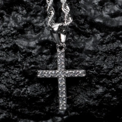 14K White Gold Plated Iced Micro Mini Cross Pendant Hip Hop Rope Chain Necklace  - Image 1 of 4