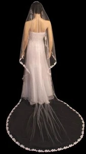 Encaje Francés Rosa Bordado Catedral Novia Mantilla Velo Marfil o Blanco - Imagen 1 de 2