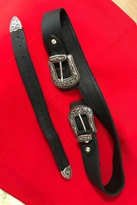 Womens BELT size M Black with TWO BUCKLES and Fittings in Silvertone - Picture 1 of 7