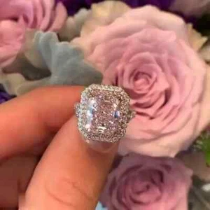 Lab-Created Pink Sapphire 4Ct Emerald Halo Engagement Ring 14K White Gold Plated - Picture 1 of 15