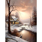 Winter Cottage Landscape Painting Snow Lake Sunset Snowy Trees Canvas Poster Art