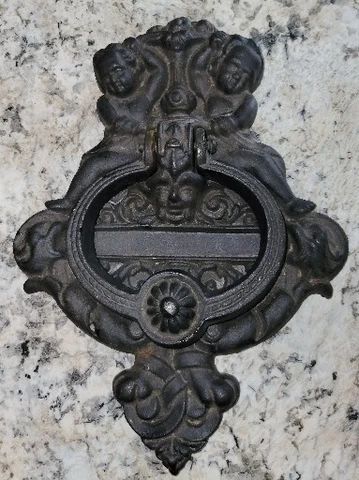 Vintage Cast Iron Ornate Cherubs Gothic Door Knocker 10" X 7.5" Heavy Cover